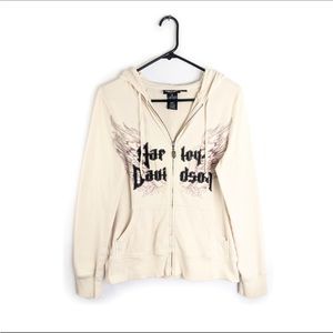 Y2K harley davidson beige grunge embroidered zip up hoodie sweater